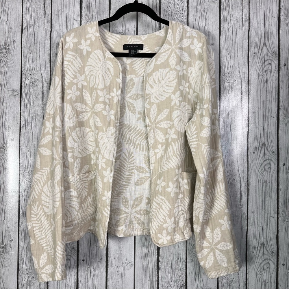 Tahari Linen Cotton Blend Tropical Leaf Open Front Jacket Size XL